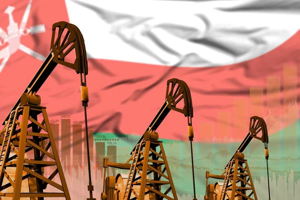Ilustración industrial de pozos de petróleo - Omán concepto de la industria petrolera en el fondo de la bandera. Ilustración 3D —  Fotos de Stock