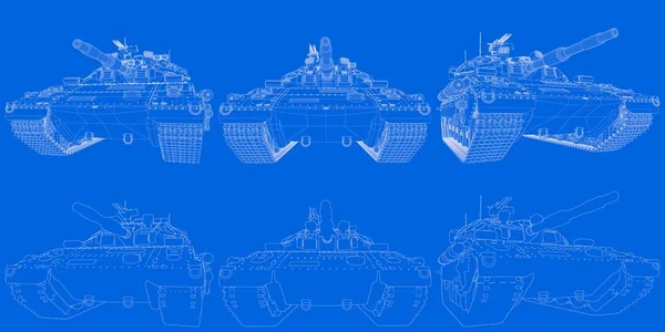 Militar 3D Ilustración de plano dibujado - delineado tanque moderno 3D aislado con diseño ficticio, concepto de defensa heroica de alto detalle — Foto de Stock