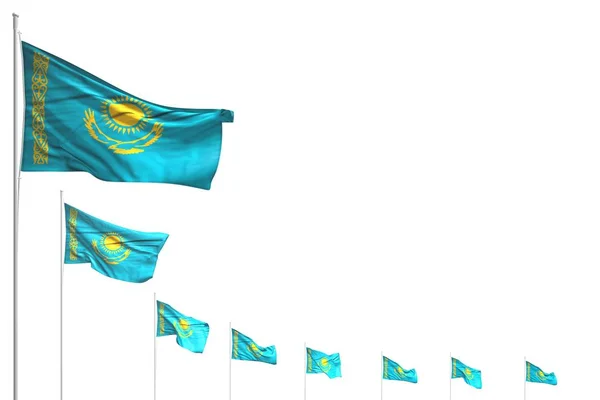 Wonderful many Kazakhstan flags placed diagonal isolated on white with space for text - any occasion flag 3d illustration — Stock Photo, Image