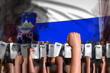 Slovenya 'da protesto - polis memurları bayrak geçmişi, düzensiz mücadele konsepti, askeri 3D İllüstrasyon göstericilerine karşı durdular