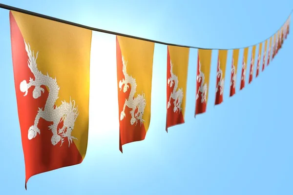Birçok Bhutan bayrağı ya da bayrağı mavi gökyüzü arka planında çapraz ipe asılıdır - herhangi bir bayrak 3d resmi — Stok fotoğraf