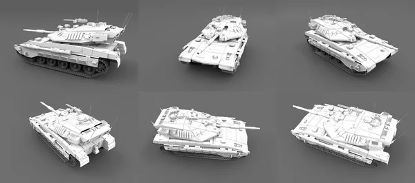 Detailed light grey army tank with fictive design isolated on grey background, modern tanks concept - military 3D Illustration — 스톡 사진