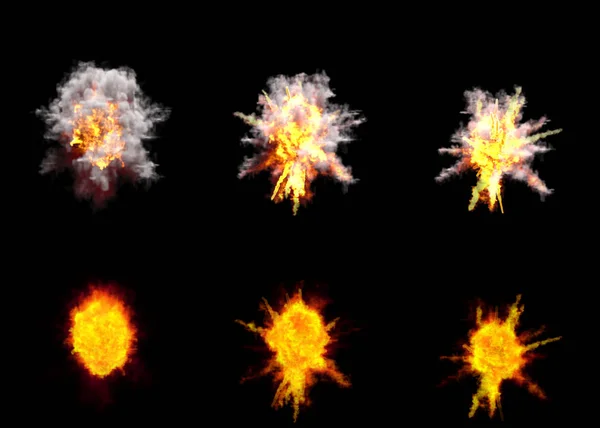 Sześć okrągłych eksplozji pocisku ack-ack hit lub widok z góry na wybuchu lub wybuchu przechwytywania pocisków izolowanych na czarno - 3d ilustracji obiektów — Zdjęcie stockowe
