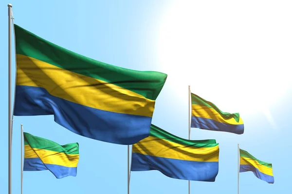 Bonito 5 banderas de Gabón son onda sobre fondo azul cielo - cualquier fiesta bandera 3d ilustración — Foto de Stock