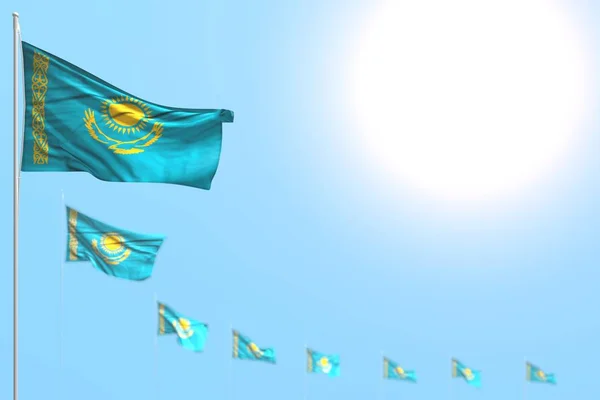 Pěkné mnoho kazachstánských vlajek umístěných diagonálně s měkkým ostřením a prázdným prostorem pro váš text - každý sváteční prapor 3d ilustrace — Stock fotografie