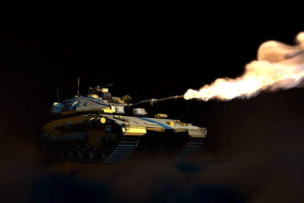 Military 3D Illustration of isolated grey modern tank with not existing design at war, high detail heroism concept on black smoke background — 스톡 사진