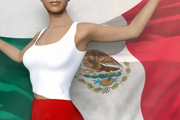 Красивая женщина в яркой юбке держит флаг Мексики в руках за спиной на белом фоне - концепция флага 3d иллюстрация — стоковое фото
