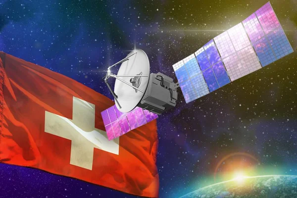 Concepto de tecnología de comunicaciones espaciales - satélite con bandera de Suiza, Ilustración 3D —  Fotos de Stock