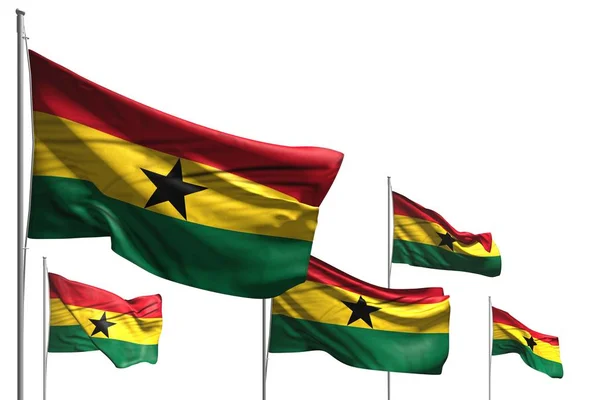 Schöne fünf Flaggen der Ghana werden isoliert auf Weiß geschwenkt - jede Festtagsfahne 3d Illustration — Stockfoto