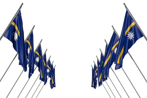 Abbastanza molte bandiere Nauru appende in pali angolari da sinistra e destra isolati su bianco - qualsiasi bandiera celebrazione 3d illustrazione — Foto Stock