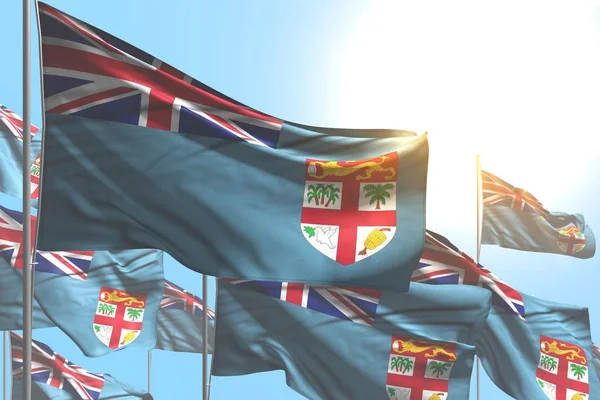 许多斐济国旗在蓝天背景下飘扬- -任何庆祝旗 — 图库照片