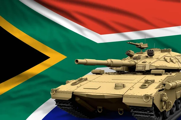 Sudáfrica tanque moderno con diseño no real en el fondo de la bandera - concepto de fuerzas del ejército de tanques, Ilustración 3D militar — Foto de Stock