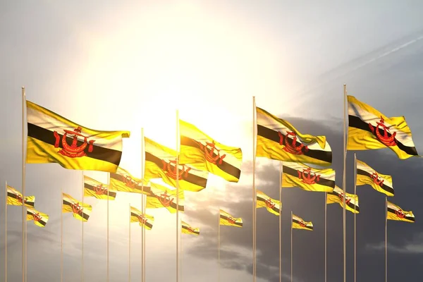 Mignon de nombreux drapeaux Brunei Darussalam dans une rangée sur le coucher du soleil avec place libre pour le texte - tout drapeau de vacances illustration 3d — Photo