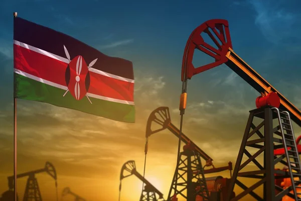 Kenya oil industry concept. Industrial illustration - Kenya flag and oil wells against the blue and yellow sunset sky background - 3D illustration