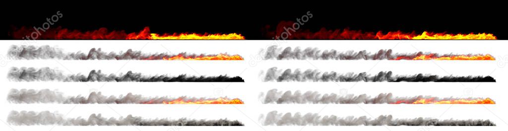 Speed concept - Isolated fires on line of fast moving car rendered with white and black smoke on various backgrounds, 3D illustration of objects