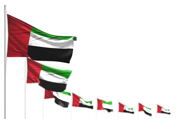 Jolis drapeaux isolés des Émirats arabes unis placés en diagonale, illustration avec mise au point sélective et espace pour votre texte - toute illustration 3d drapeau de vacances — Photo