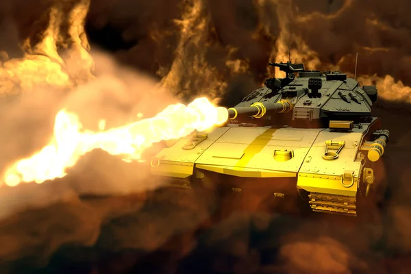 Ilustração 3D Militar de tanque pesado de camuflagem verde com design inexistente lutando com fogo ao redor de disparo, conceito de armadura pesada — Fotografia de Stock