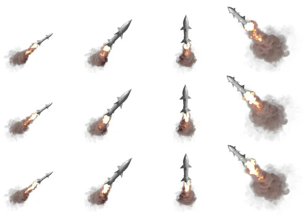 Mísseis balísticos voando no ar isolado em fundo branco - conceito de armas nucleares estratégicas modernas 12 imagens cg, ilustração 3D militar — Fotografia de Stock