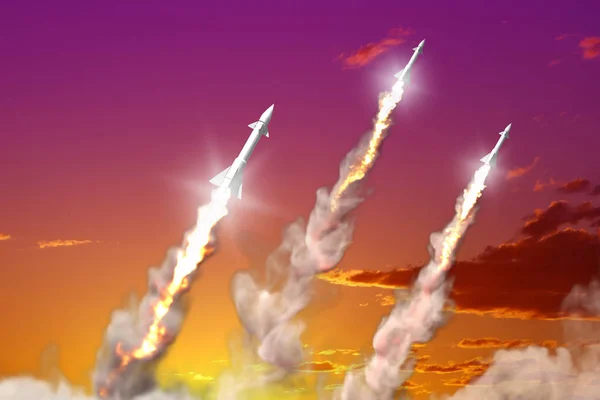 Conceito de forças de foguete estratégico moderno no fundo do pôr-do-sol, ataque de ogiva balística - ilustração militar 3D — Fotografia de Stock