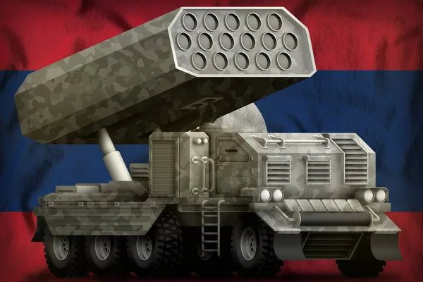 Raketgeschut, raketwerper met grijze camouflage op de nationale vlag achtergrond van de Democratische Volksrepubliek Laos. 3d Illustratie — Stockfoto