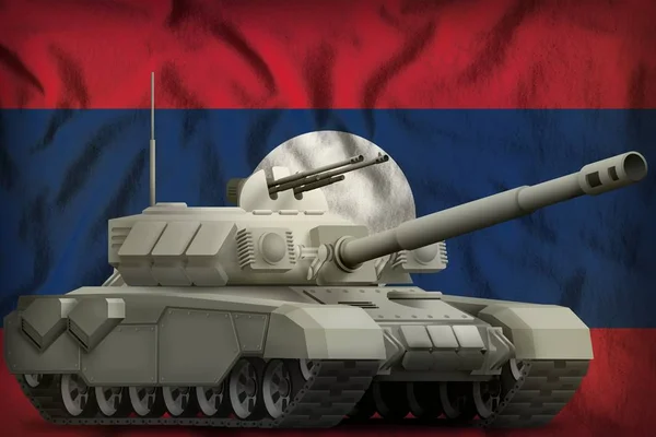 Tanque pesado en el fondo de la bandera nacional de la República Democrática Popular Lao. Ilustración 3d — Foto de Stock