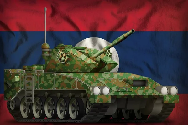 Lichte tank apc met zomer camouflage op de Lao People Democratische Republiek nationale vlag achtergrond. 3d Illustratie — Stockfoto