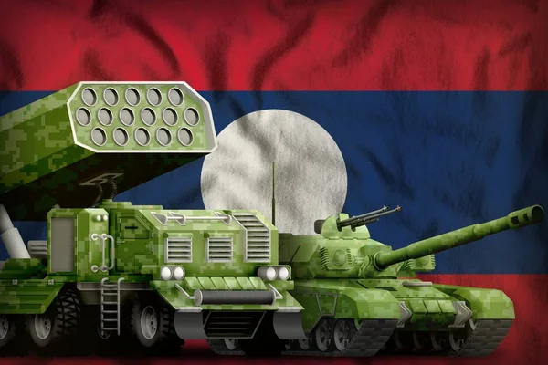 Lao People Democratic Republic heavy military armored vehicles concept on the national flag background. 3d Illustration
