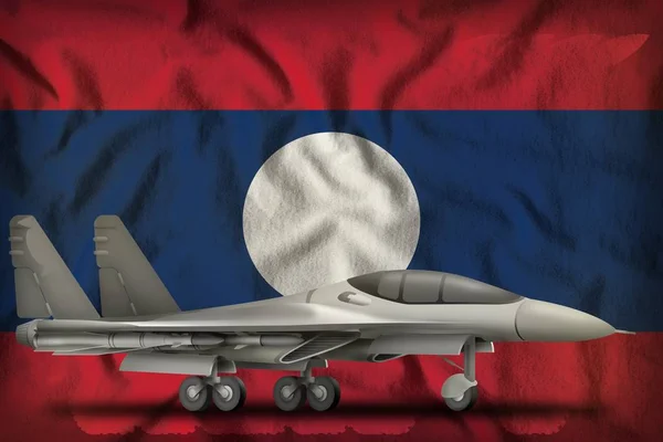 Fighter, interceptor on the Lao People Democratic Republic state flag background. 3d Illustration — 스톡 사진