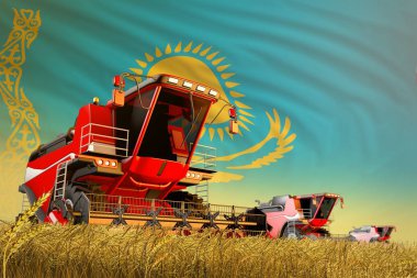 Buğday tarlasında çalışan tarımsal biçerdöveri Kazakistan bayrak geçmişi, gıda üretim konsepti - endüstriyel 3d illüstrasyon
