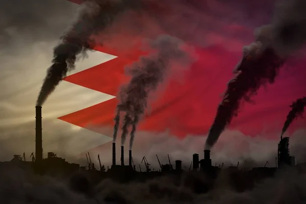 Pollution sombre, lutte contre le changement climatique concept illustration 3D industrielle de tuyaux végétaux fumée dense sur fond de drapeau de Bahreïn — Photo