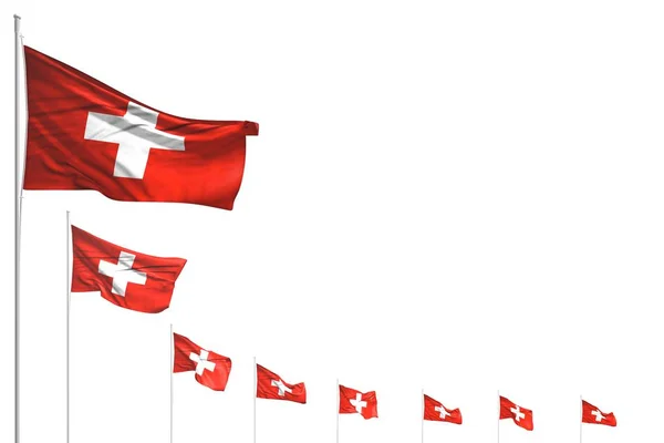 Ganska många Schweiz flaggor placeras diagonal isolerad på vitt med plats för ditt innehåll - någon firande flagga 3D-illustration — Stockfoto