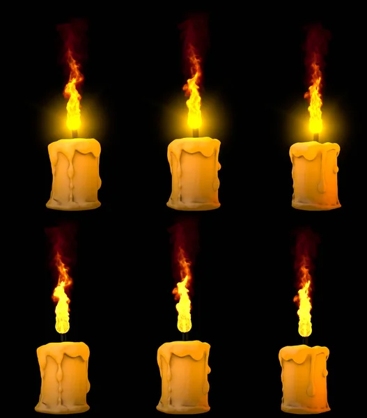 Vela de parafina queima amarela muito grossa com e sem destaque isolado renderizar em preto, conceito de conforto ilustração 3D de objetos — Fotografia de Stock