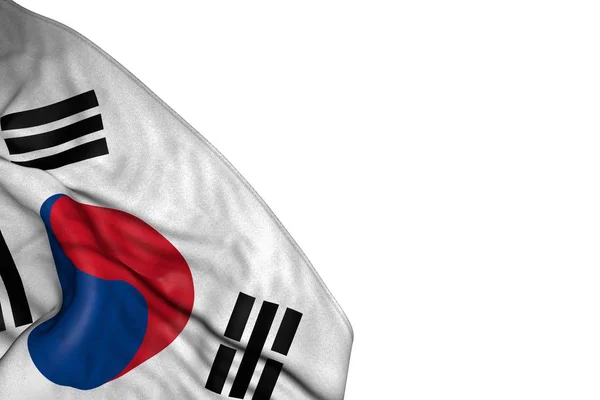 Piękna flaga Republiki Korei (Korea Południowa) z dużymi fałdami leżą w lewym dolnym rogu odizolowany na białym - każdej okazji flaga 3d ilustracji — Zdjęcie stockowe