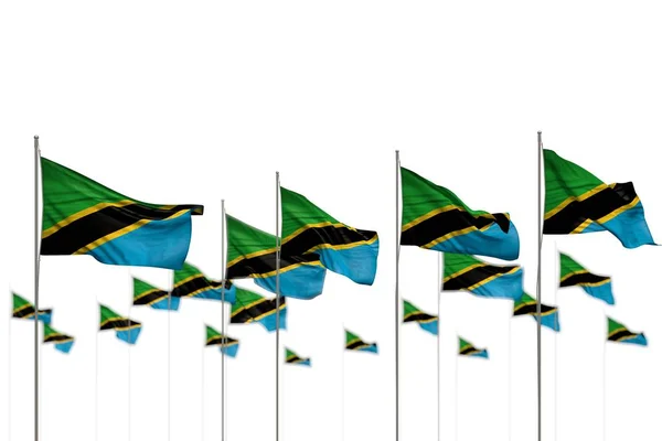 Lindo Tanzania banderas aisladas colocadas en fila con enfoque suave y espacio para su texto - cualquier ocasión bandera 3d ilustración — Foto de Stock