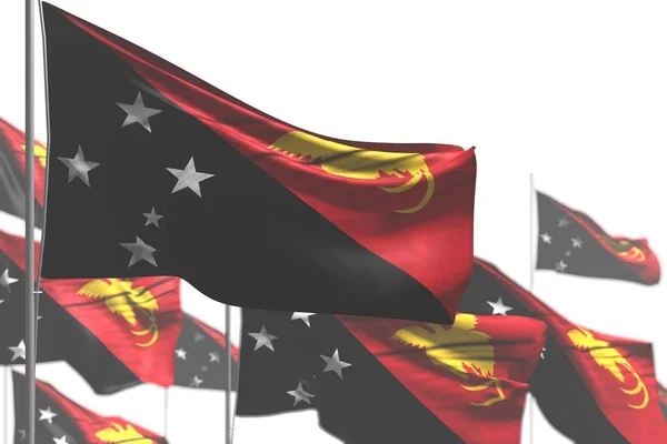 Ziemlich viele neue Papua-Guinea-Fahnen wehen isoliert auf weiß - Bild mit weichem Fokus - jede Festfahne 3d Illustration — Stockfoto