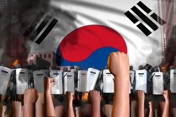 大韓民国(韓国)での抗議-警察は旗を背景に怒りの群衆に対して立つ、障害闘争の概念、軍事3Dイラスト — ストック写真