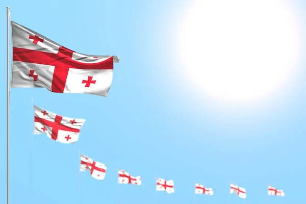 Bonito muitas bandeiras Geórgia colocado diagonal com foco suave e espaço livre para o seu conteúdo - qualquer bandeira de festa ilustração 3d — Fotografia de Stock