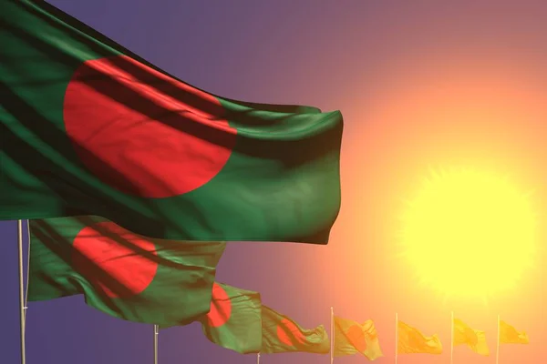 Muchas banderas de Bangladesh colocadas diagonales en la puesta del sol con lugar para su contenido - cualquier ilustración 3d bandera de vacaciones —  Fotos de Stock