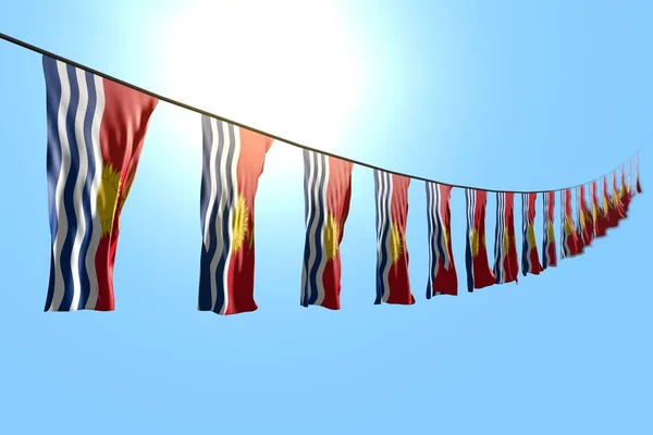 Agradável muitas bandeiras Kiribati ou banners pendura diagonal na corda no fundo do céu azul com bokeh qualquer ocasião bandeira ilustração 3d — Fotografia de Stock