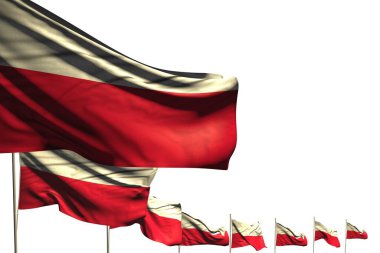 cute many Poland flags placed diagonal isolated on white with space for content - any feast flag 3d illustration