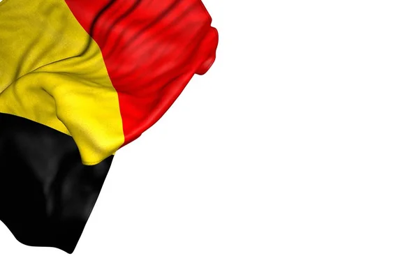 Pretty Belgium flag with large folds lie in top left corner isolated on white - any holiday flag 3d illustration — Stockfoto
