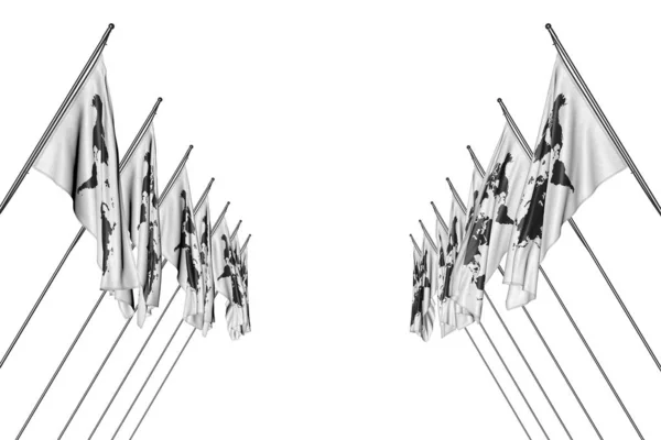 白で区切られた左右の角の棒に吊るされた可愛いオーストリアの旗-任意の休日の旗3Dイラスト — ストック写真