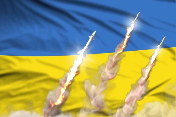 Ucrania lanzamiento de misiles nucleares - moderno concepto estratégico de armas de cohetes nucleares sobre fondo de tela de bandera, ilustración militar industrial 3D con bandera — Foto de Stock