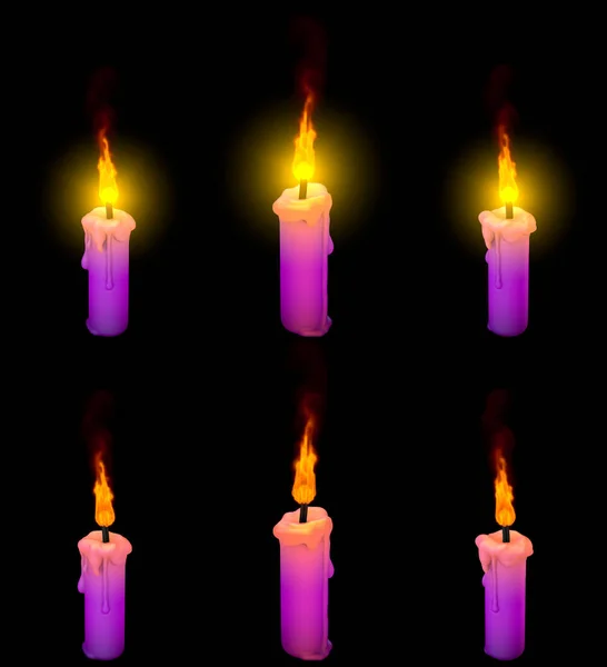 Krásný hořící tenký fialový včelí vosk svíčka izolované na černém pozadí s a bez zvýraznění - tradiční koncept, 3d ilustrace objektu — Stock fotografie