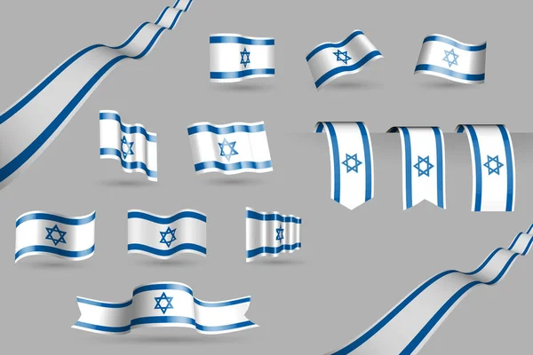 Molte Bandiere Israeliane Sventolando Striscioni Segnalibri Nei Colori Della Bandiera — Vettoriale Stock