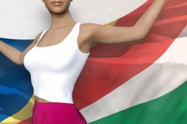 beautiful lady in bright skirt holds Seychelles flag in hands behind her back on the white background - flag concept 3d illustration