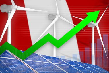 Peru solar and wind energy rising chart, arrow up - renewable natural energy industrial illustration. 3D Illustration