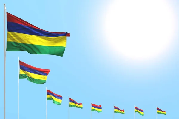 Pěkný mnoho mauricijských vlajek umístěn diagonálně na modré obloze s prostorem pro text - jakékoliv oslavy vlajka 3d ilustrace — Stock fotografie