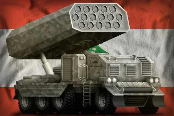 Rocket artillery, missile launcher with grey camouflage on the Lebanon national flag background. 3d Illustration — Stock Photo, Image