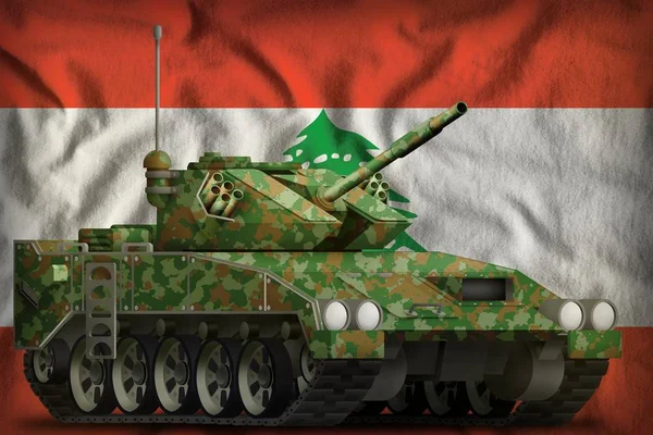 Tanque leve apc com camuflagem de verão no fundo da bandeira nacional do Líbano. Ilustração 3d — Fotografia de Stock